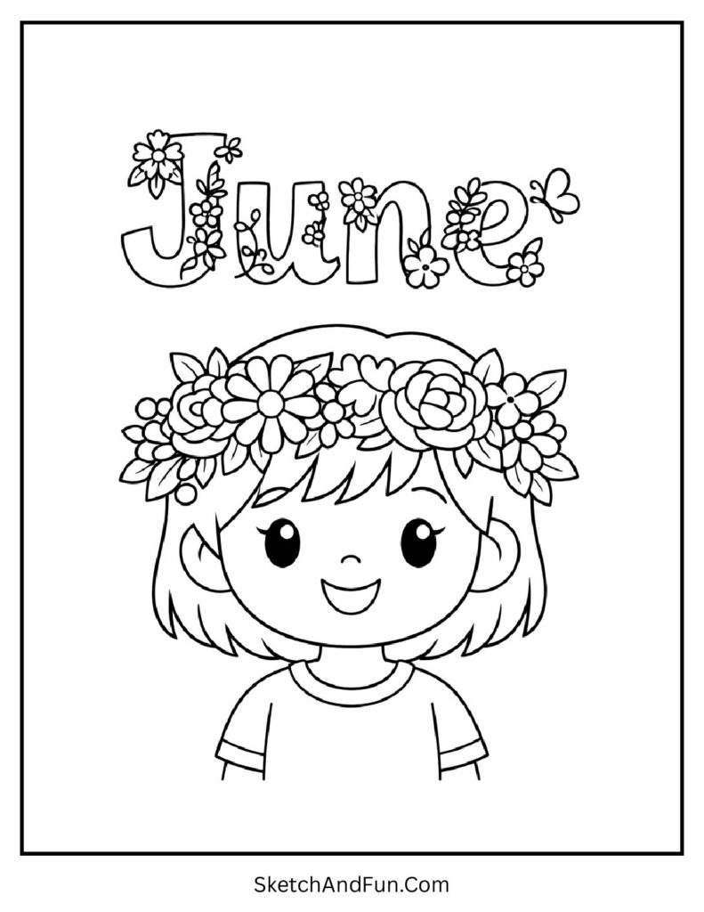 A coloring page of child with flower crown and decorative June text, June coloring pages for toddlers