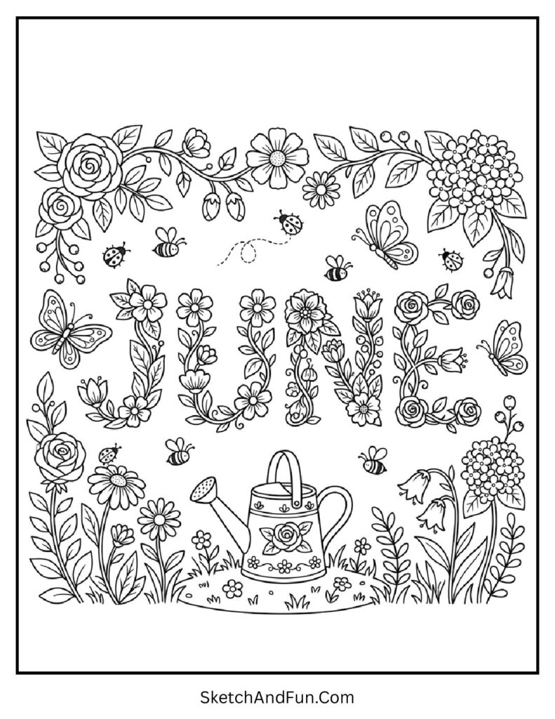 A coloring page of flowers, bees and vines forming June in a garden scene, aesthetic June coloring pages