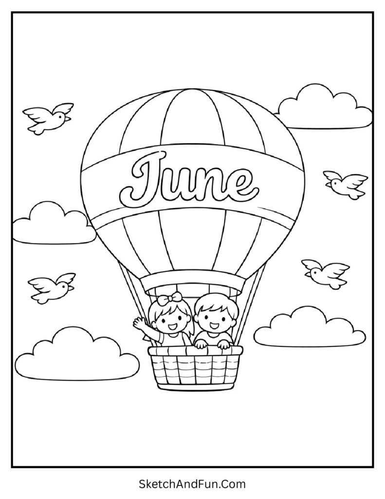A coloring page of hot air balloon in clouds carrying June text, June coloring pages for adults printable