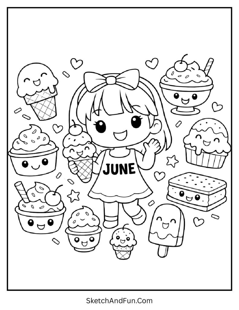 A coloring page of cute ice cream characters surrounding playful June letters, June coloring sheets printable