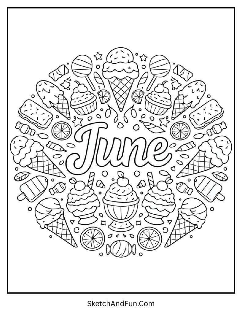 A coloring page of ice cream mandala pattern around June center, June themed coloring pages