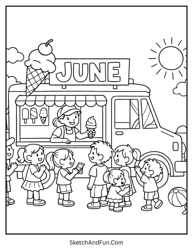 A coloring page of ice cream truck with kids lining up and June sign, free June coloring pages printable