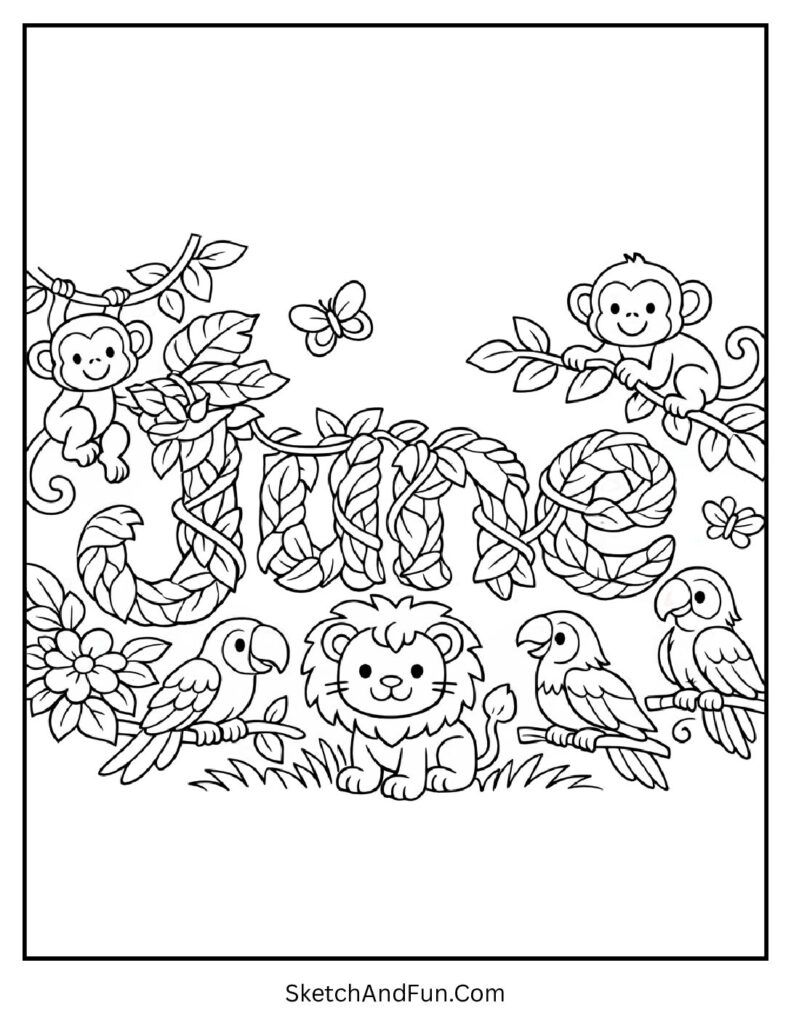 A coloring page of jungle safari animals around leafy June letters, June coloring pages for preschoolers