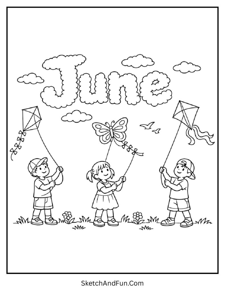 A coloring page of kites flying in sky clouds spelling June, June coloring pages printable