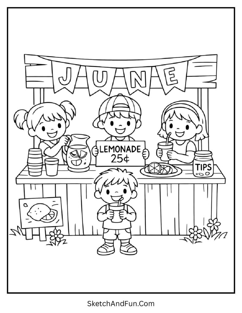 A coloring page of lemonade stand with kids serving drinks and June banner, June coloring pages download free