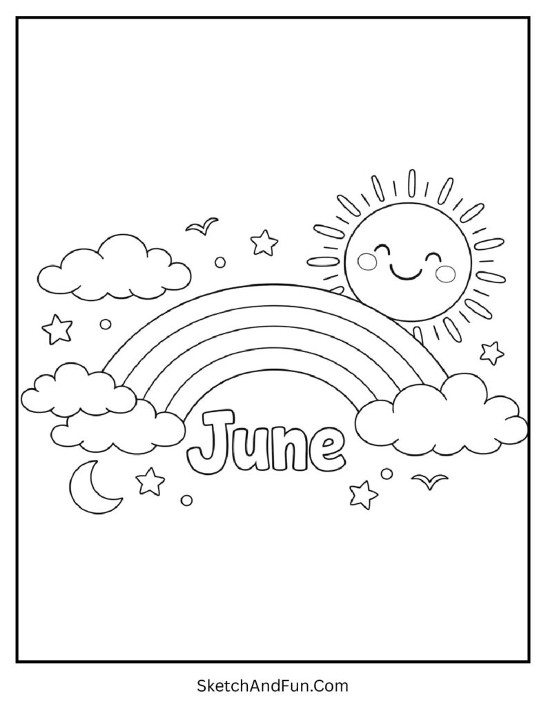 A coloring page of rainbow sky with clouds and sunshine forming June, June coloring pages summer theme