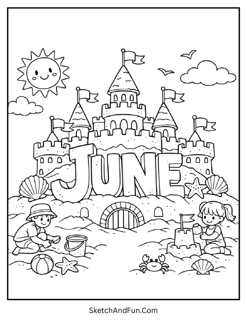 A coloring page of sandcastle kingdom with flags shells and June carved, June coloring pages easy for kids