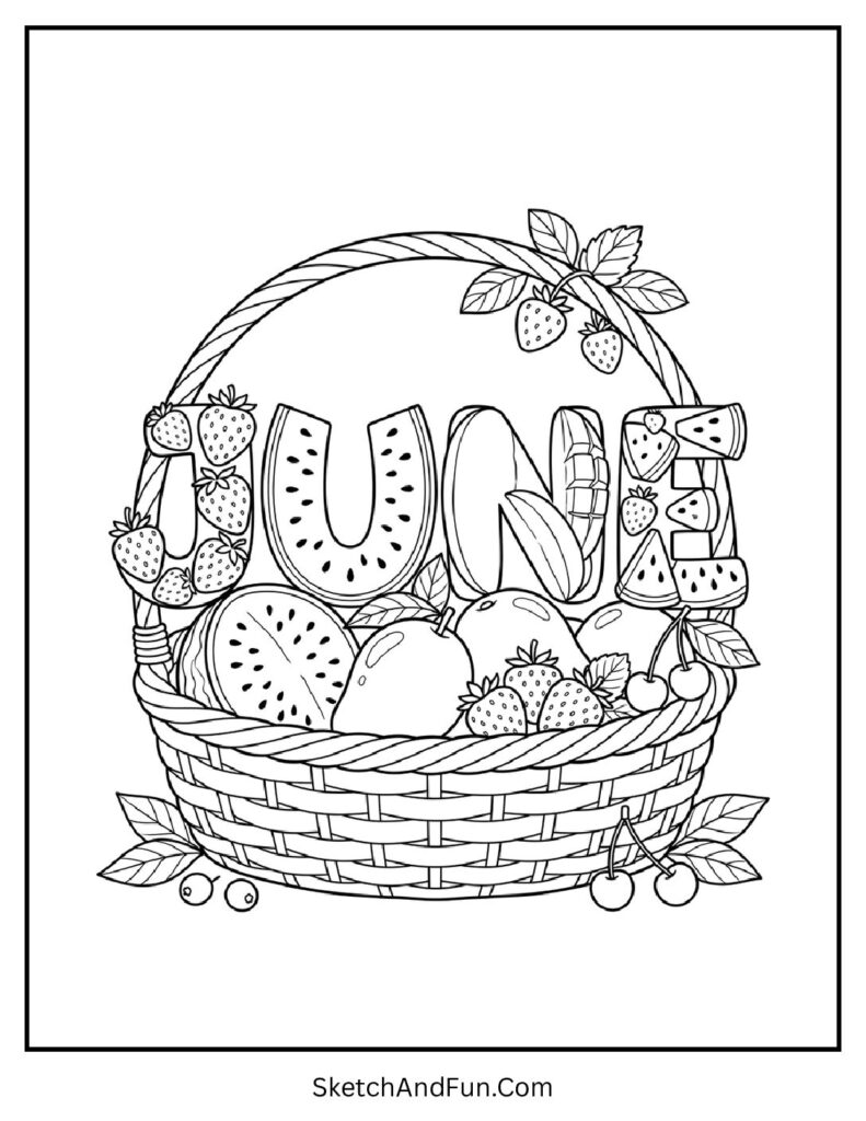 A coloring page of fruit basket with mango, watermelon and strawberries forming June, June coloring pages worksheets