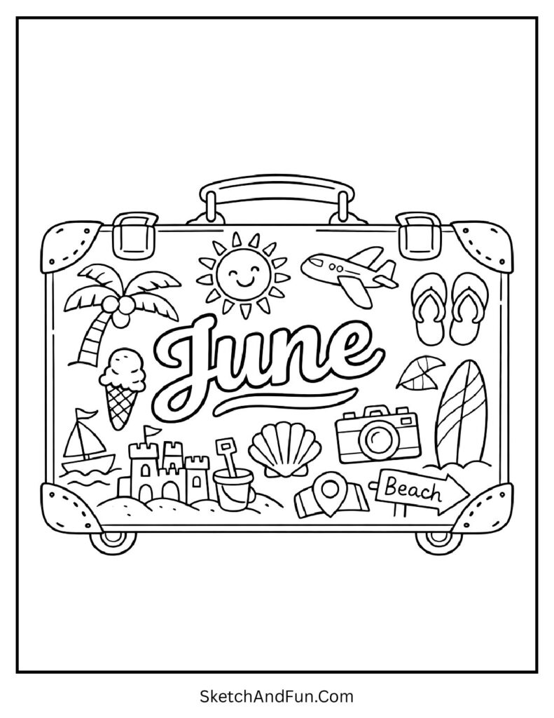 A coloring page of travel suitcase covered with stickers and June text, June coloring pages printable PDF