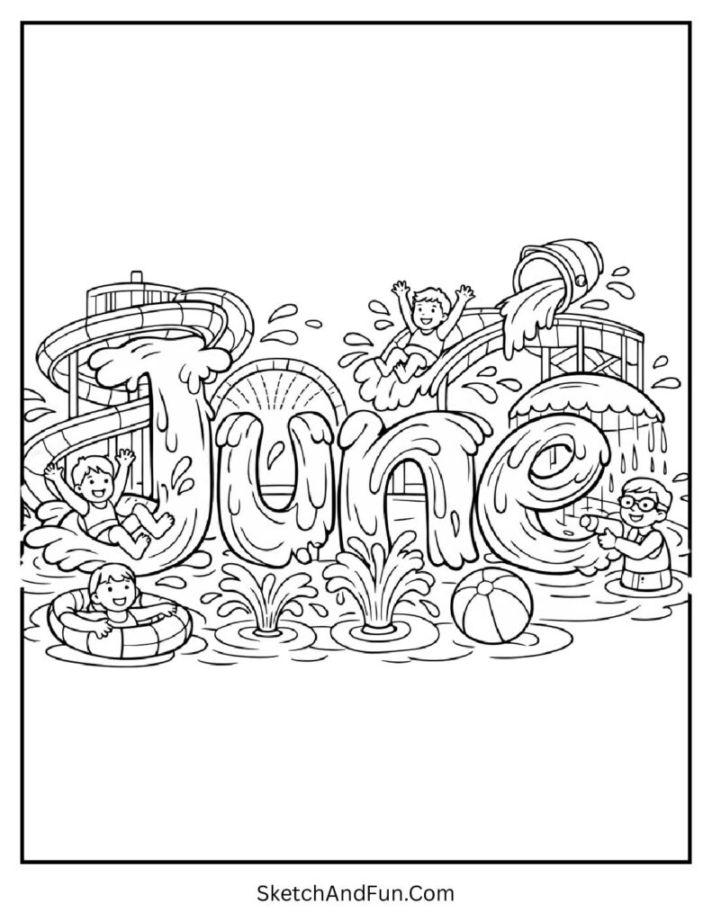 A coloring page of water park slides, fountains and splashes forming June, June activity coloring pages for kids
