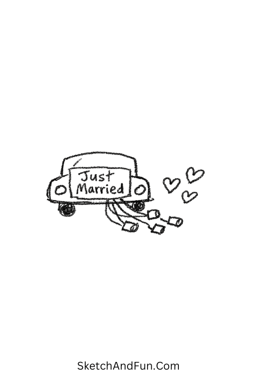 A doodle of a tiny car with “Just Married” sign and hearts, wedding doodle icons