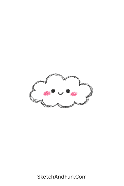 A doodle of a fluffy cloud with eyes and blush, cute hand doodles