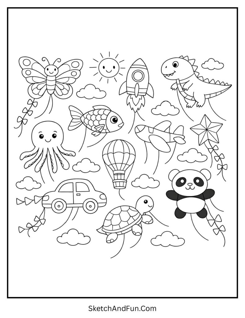A coloring page of a sky full of unique kites flying, summer holiday coloring pages
