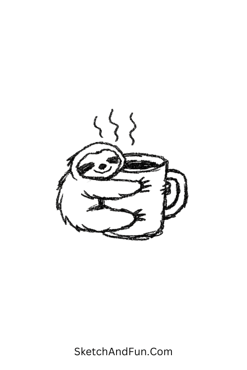 A doodle of a sloth hugging a coffee cup tightly, coffee doodle printable