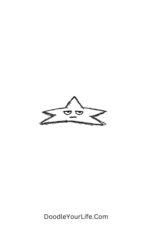 A doodle of a star lying flat with a bored face, silly doodle drawings for kids