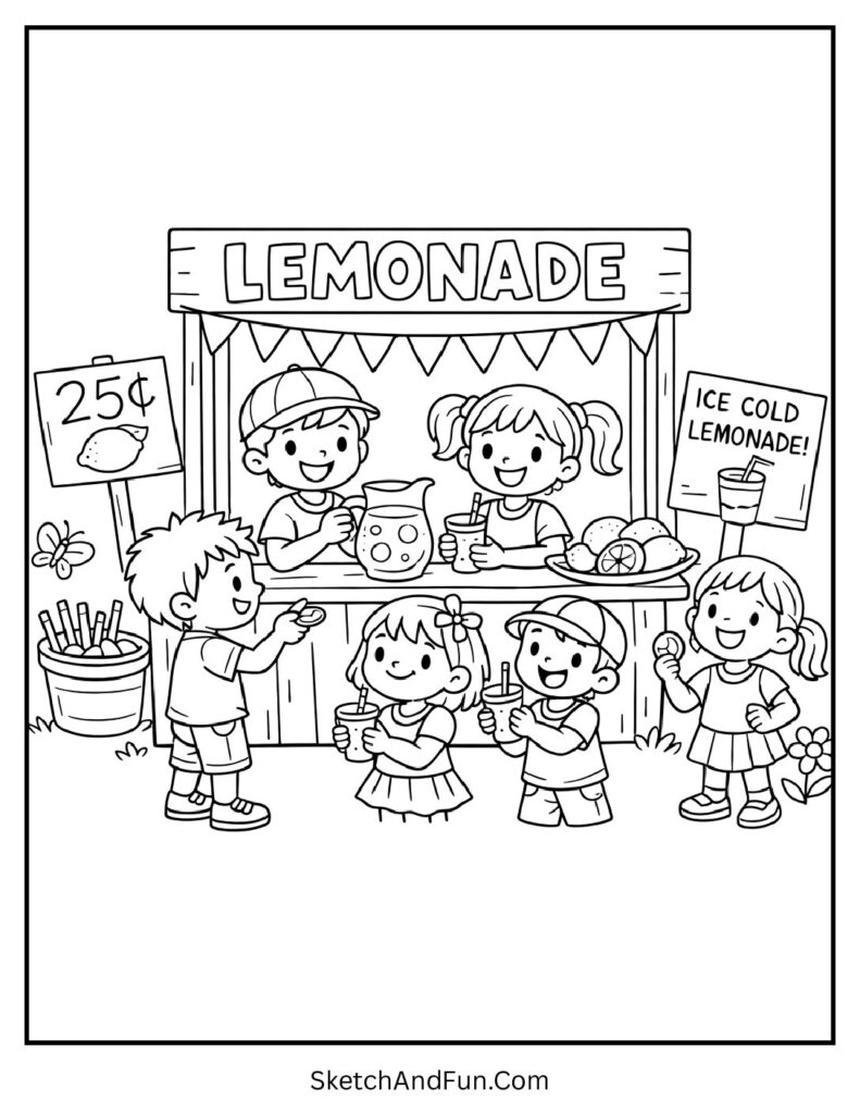 A coloring page of kids running a lemonade stand with happy customers, summer coloring pages for kids
