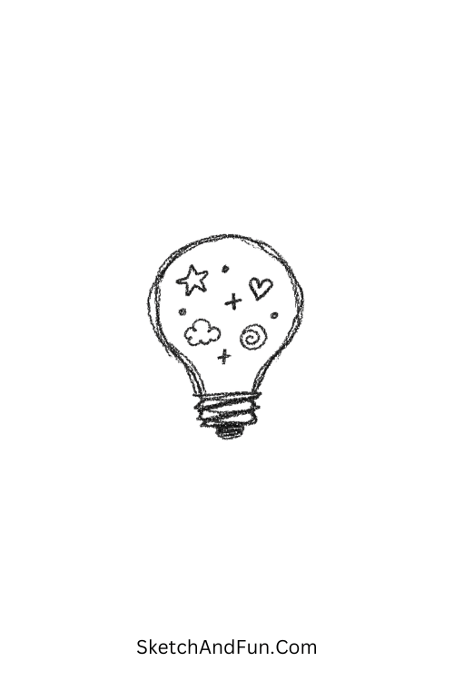 A doodle of a small light bulb with sparkles inside, step by step bullet journal doodles
