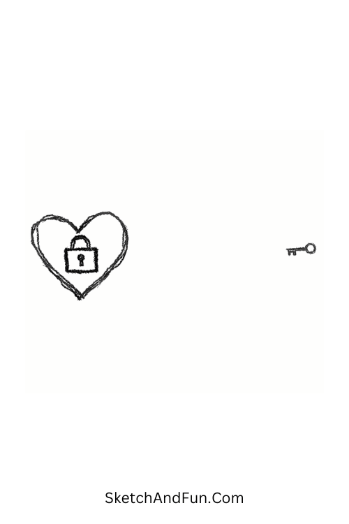 A doodle of a locked heart with key far away, emo doodle tattoo ideas