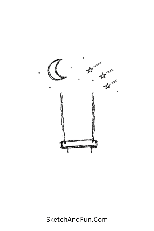 A doodle of an empty swing under moon and stars, emo aesthetic doodles