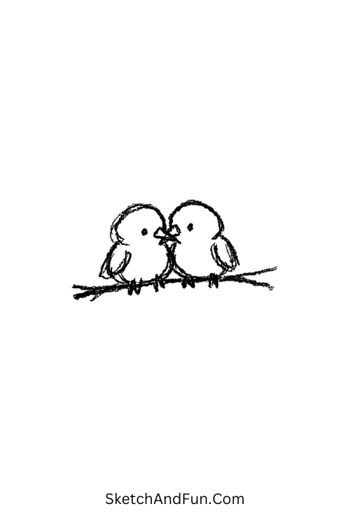 A doodle of two birds sitting close on a branch, wedding doodle illustrations