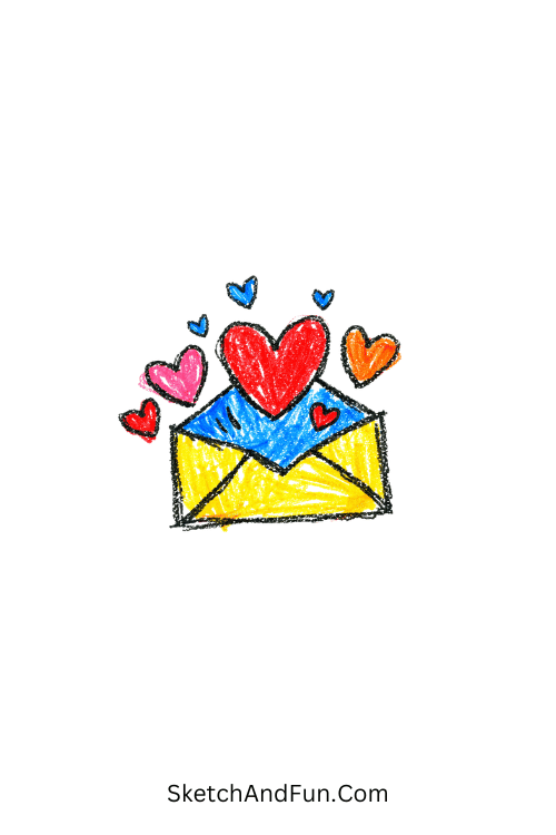 A doodle of a small envelope with hearts popping out, girly doodle ideas