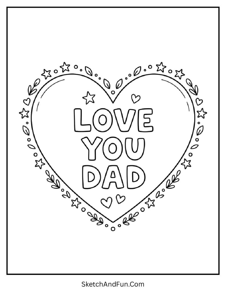 A coloring page of heart frame with love text, bible fathers day coloring pages