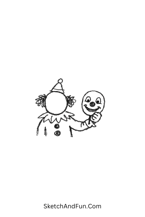 A doodle of a clown holding a mask with blank face behind, clown doodle art tutorial