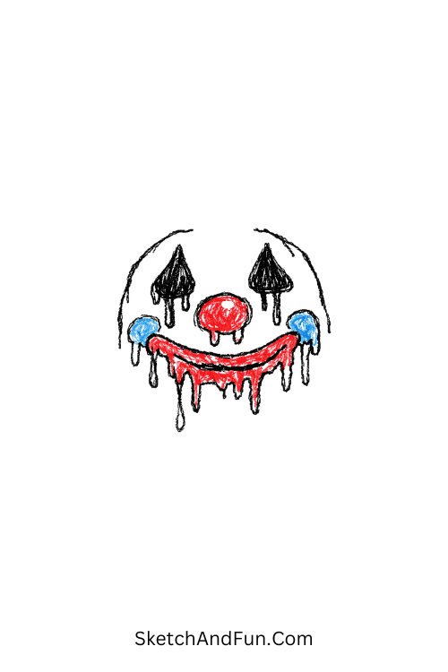 A doodle of a clown with melting makeup dripping down, spooky clown doodle craft