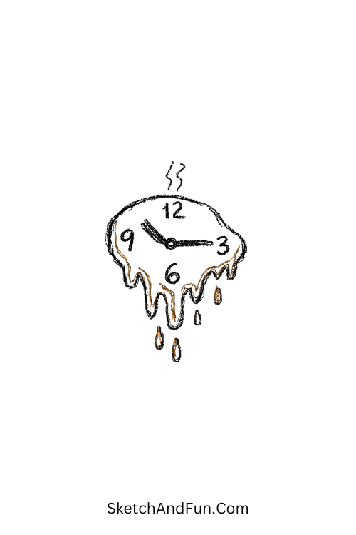 A doodle of a melting clock with coffee shapes, coffee doodle drawing tutorial