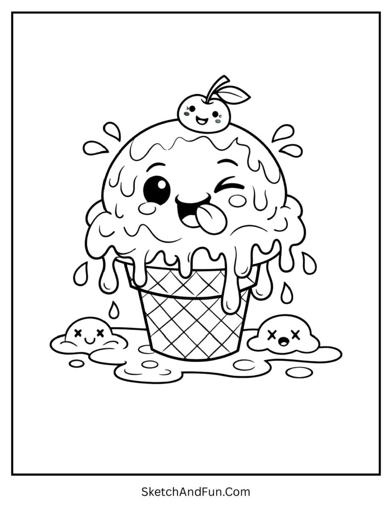 A coloring page of a melting ice cream scoop with funny faces, easy ice cream coloring pages