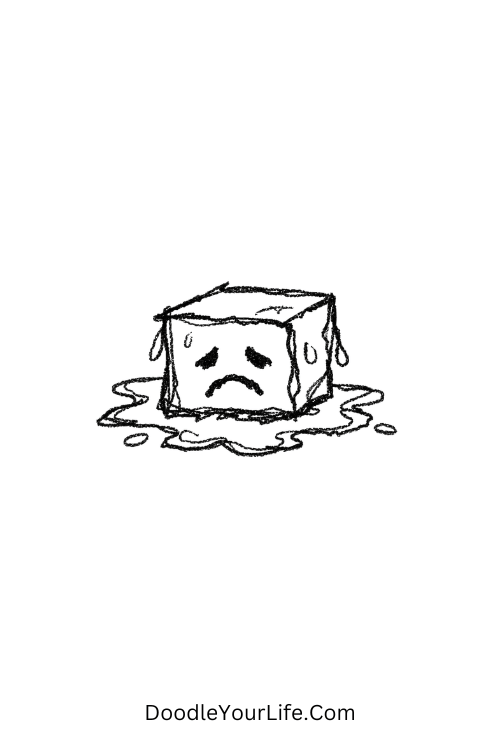 A doodle of a melting ice cube with a sad face, silly doodle clipart