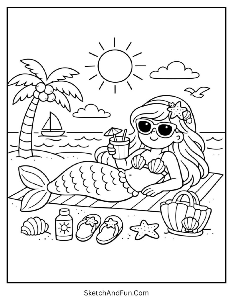 A coloring page of a mermaid relaxing on the beach with seashells, summer vacation coloring pages