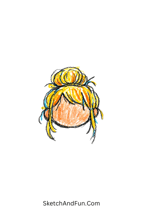 A doodle of a head with loose strands and a messy bun, minimal girly doodle style