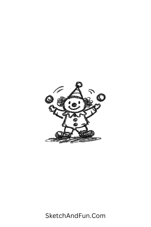 A doodle of a tiny clown juggling two dots as balls, clown doodle outline sheet