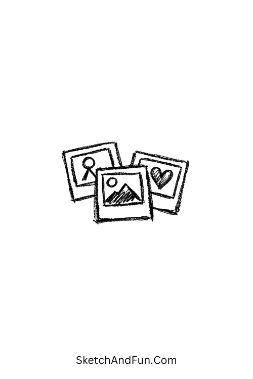 A doodle of tiny overlapping photo frames with icons, bullet journal doodle templates
