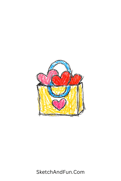 A doodle of a small shopping bag with hearts peeking out, girly doodle stickers