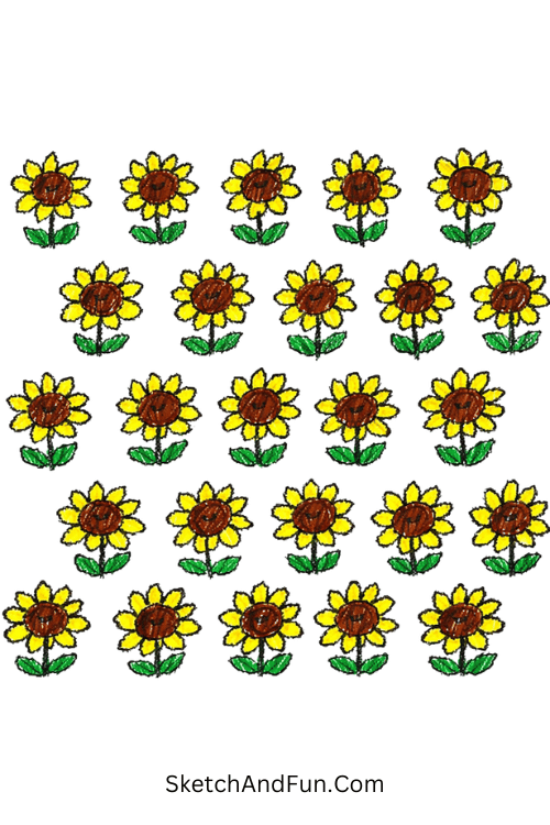 A doodle of repeating mini sunflowers in pattern, sunflower doodle aesthetic