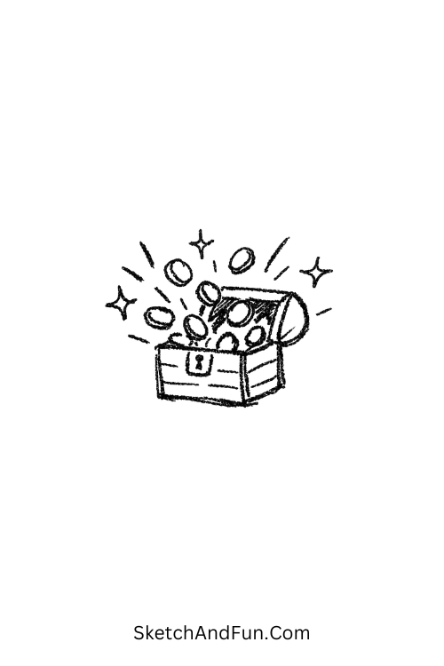 A doodle of a treasure chest bursting with coins, free medieval doodle printables