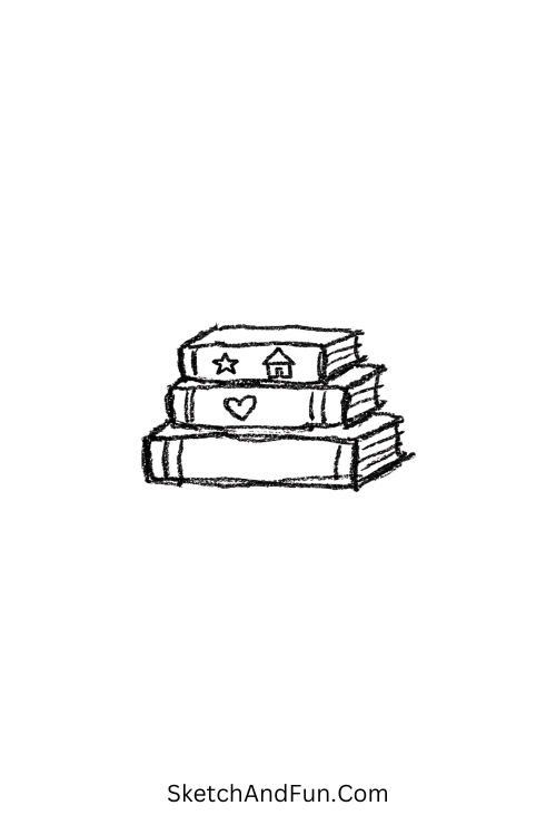 A doodle of stacked tiny books with small icons, bullet journal doodle stickers