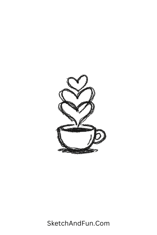 A doodle of steam rising in layered hearts above a cup, coffee doodle sketches