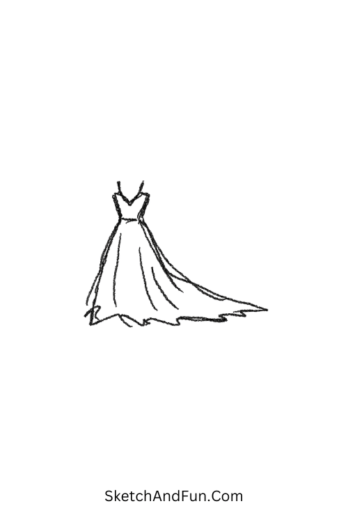 A doodle of a flowing wedding dress with few lines, simple wedding doodle line art