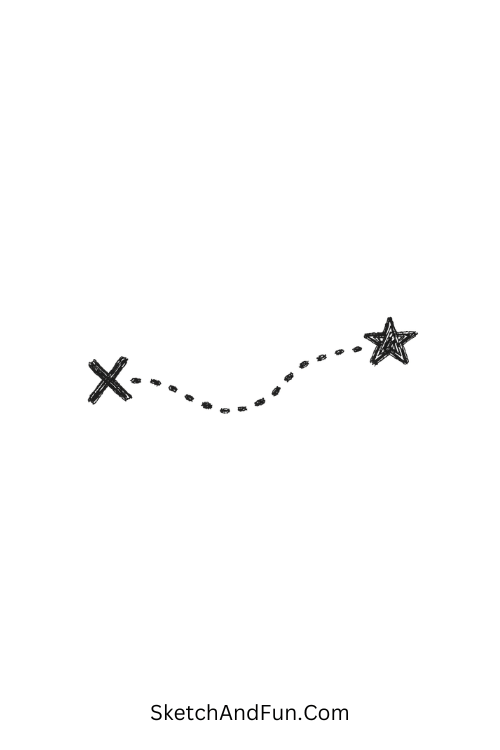 A doodle of a dotted path with start X and end star, free bullet journal doodle pdf