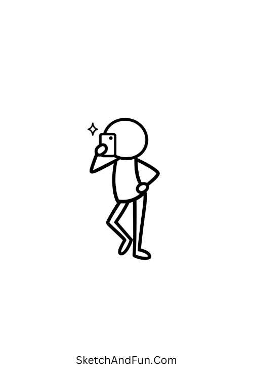 A doodle of a mirror selfie pose with phone and hip tilt, trendy baddie doodle ideas