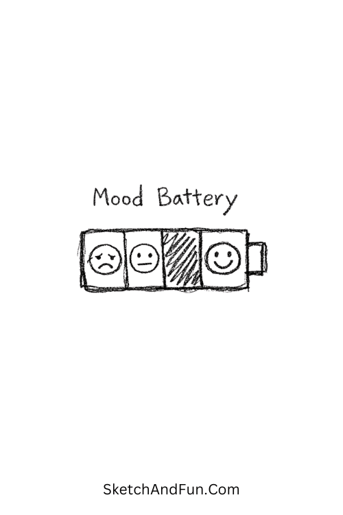 A doodle of a phone-style battery with faces and patterns, easy bullet journal doodles