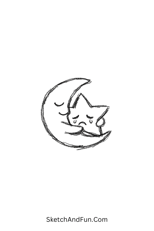 A doodle of a star being hugged by a crescent moon, emo doodles for beginners