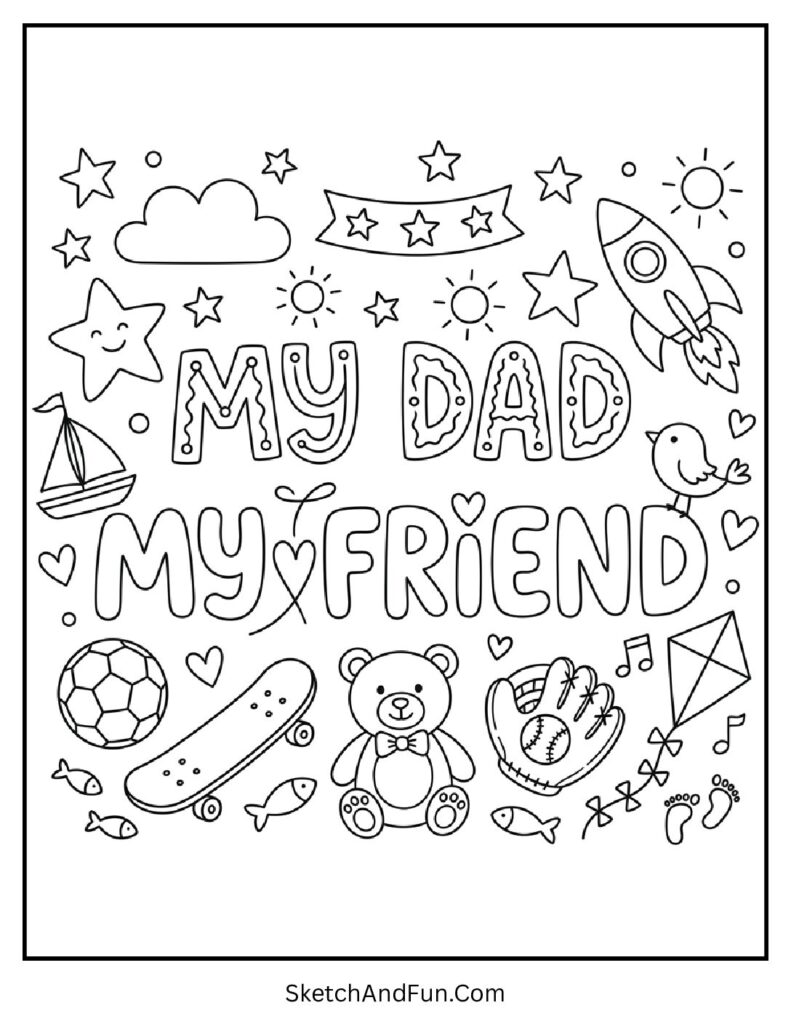 A coloring page of fun text and doodles for dad, fathers day coloring pages high resolution printable