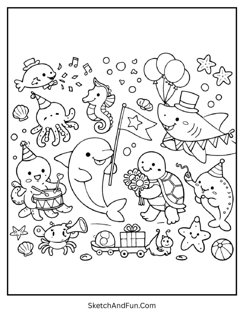A coloring page of sea animals marching in a parade, mandala summer coloring pages