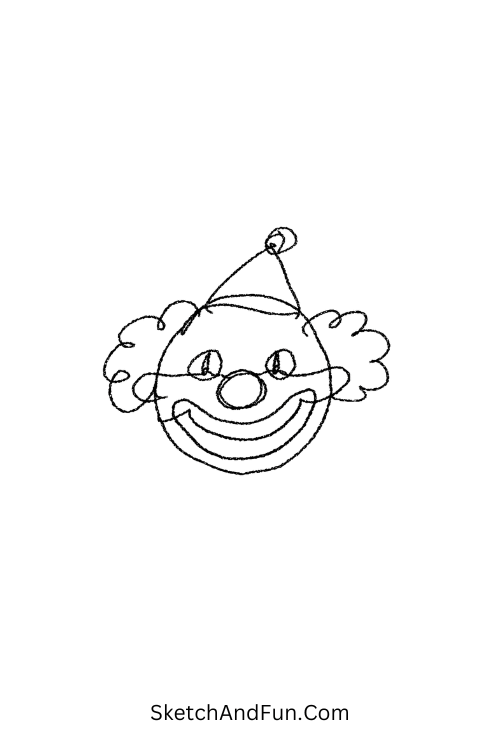 A doodle of a clown face made with one continuous line, simple clown doodle sketch