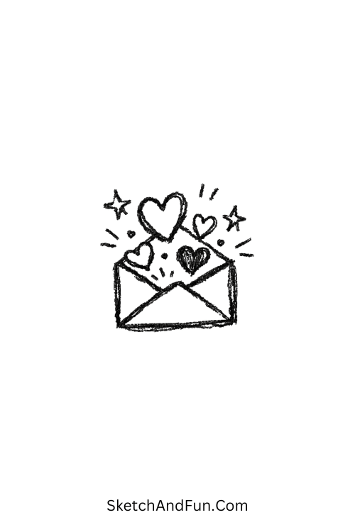 A doodle of a tiny envelope with hearts and sparkles, cute bullet journal doodles