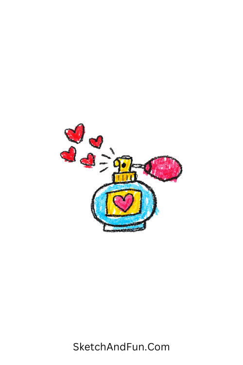 A doodle of a perfume bottle spraying tiny hearts, pastel girly doodle art